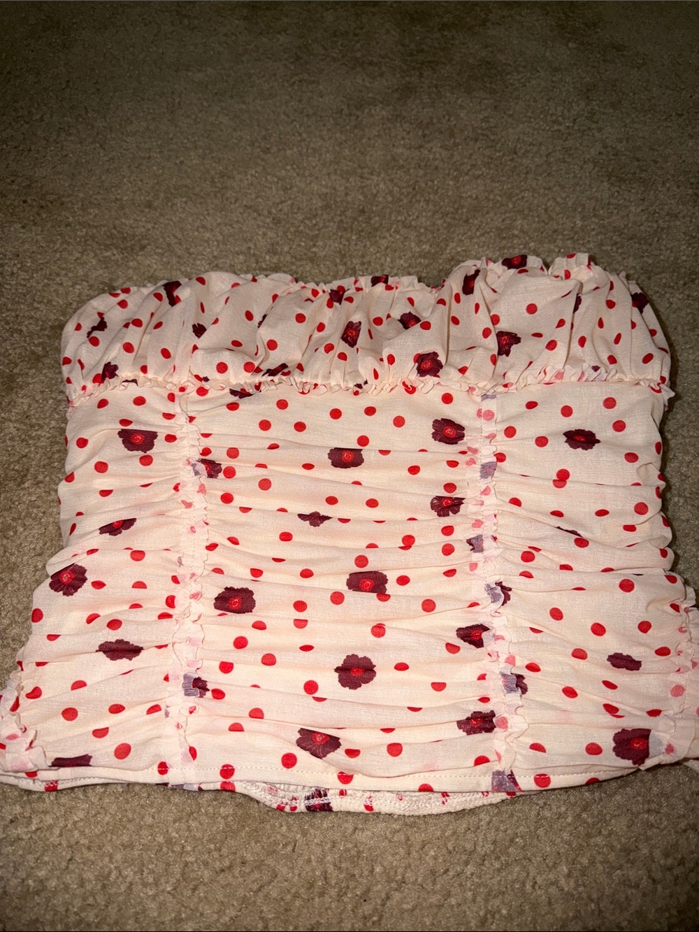 Free People Pink Smocked Tube Top with Red Polka Dots and Burgundy Floral Spots